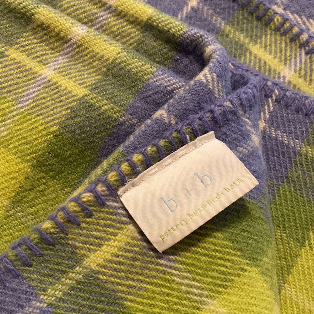 POTTERY BARN WOOL APPLE GREEN/BLUE PLAID FULL/QUEEN BLANKET +2 STANDARD SHAMS - Picture 2 of 7